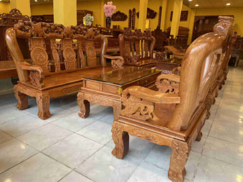Bộ bàn ghế gõ đỏ chạm đào tay rồng tựa phúc lộc thọ mặt liền tay 12 BBG158 - Hình ảnh 2