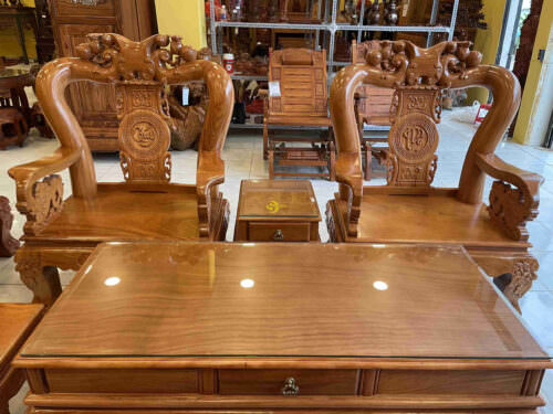 Bộ bàn ghế gõ đỏ chạm đào tay rồng tựa phúc lộc thọ mặt liền tay 12 BBG158 - Hình ảnh 7