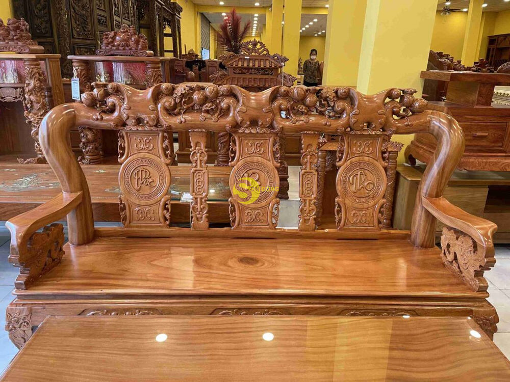 Bộ bàn ghế gõ đỏ chạm đào tay rồng tựa phúc lộc thọ mặt liền tay 12 BBG158 20 Bo ban ghe go do cham dao tay rong 6