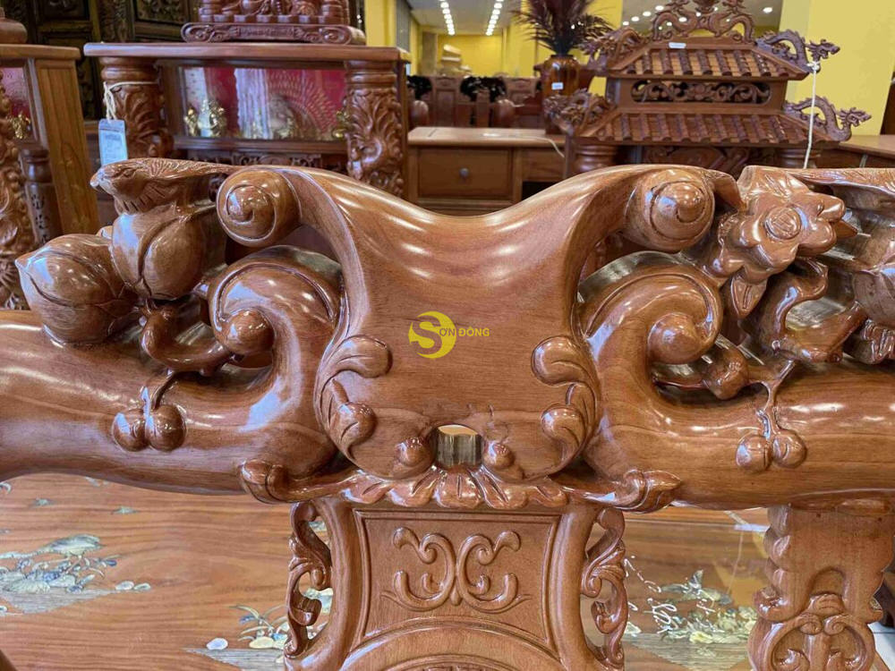 Bộ bàn ghế gõ đỏ chạm đào tay rồng tựa phúc lộc thọ mặt liền tay 12 BBG158 18 Bo ban ghe go do cham dao tay rong 8