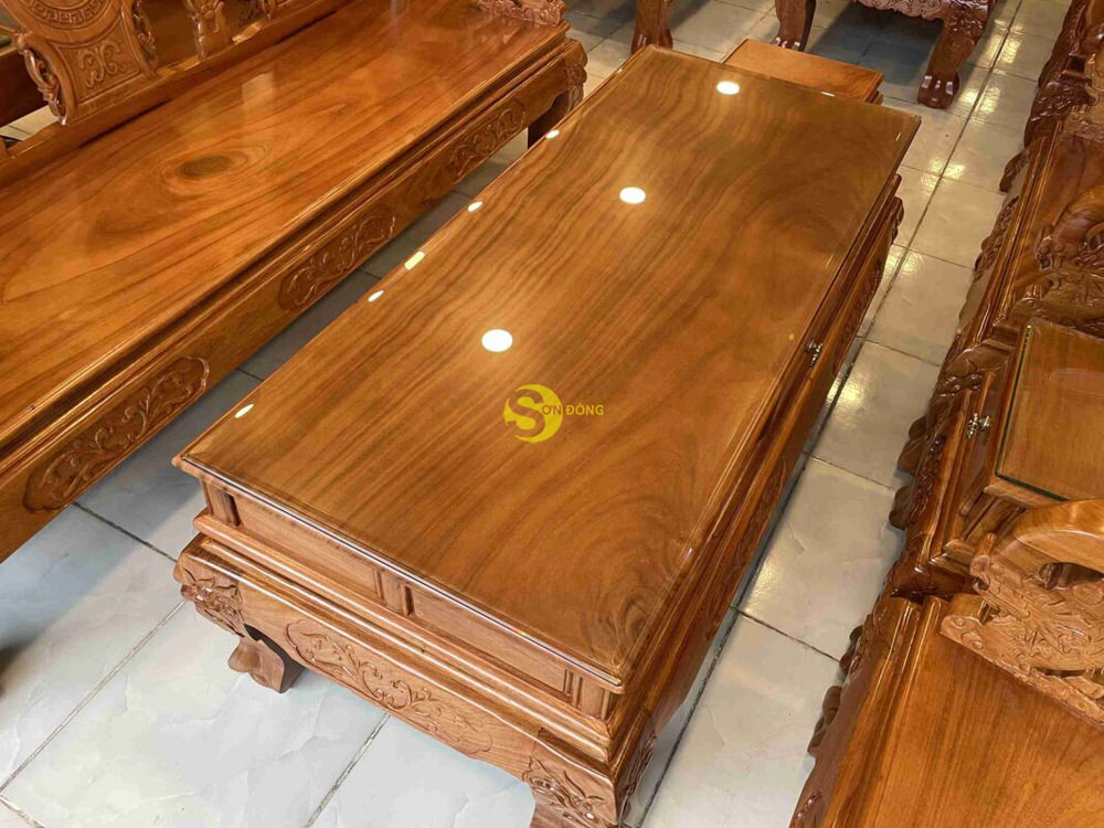 Bộ bàn ghế gõ đỏ chạm đào tay rồng tựa phúc lộc thọ mặt liền tay 12 BBG158 17 Bo ban ghe go do cham dao tay rong 9
