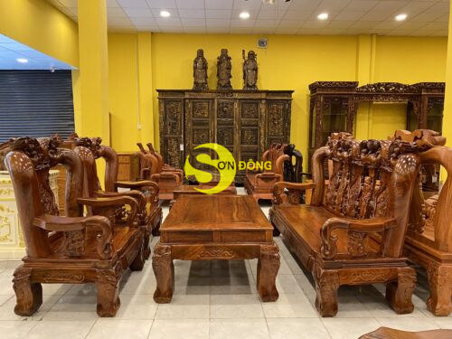 Bộ bàn ghế gỗ hương chạm đào vân tuyển tựa liền 6 món tay 16 BBG366