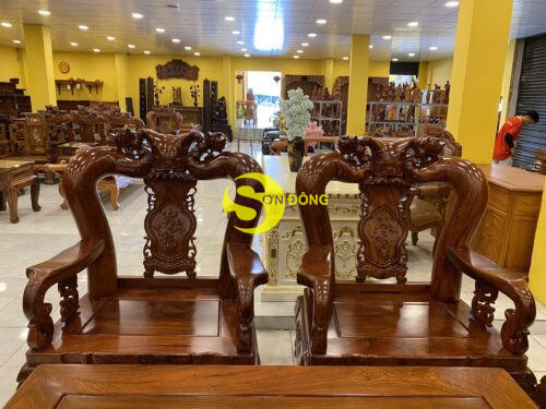 Bộ bàn ghế gỗ hương chạm đào vân tuyển tựa liền 6 món tay 16 BBG366 - Ảnh 8