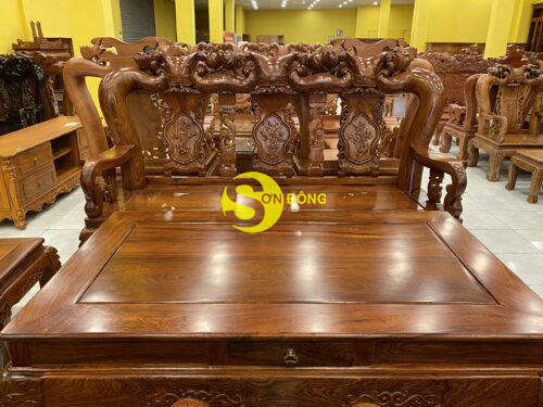 Bộ bàn ghế gỗ hương chạm đào vân tuyển tựa liền 6 món tay 16 BBG366 - Ảnh 6