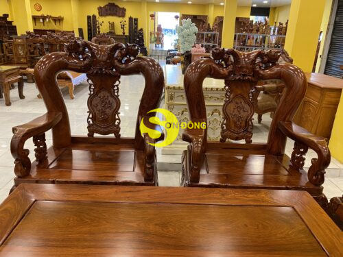 Bộ bàn ghế gỗ hương chạm đào vân tuyển tựa liền 6 món tay 16 BBG366 - Ảnh 5