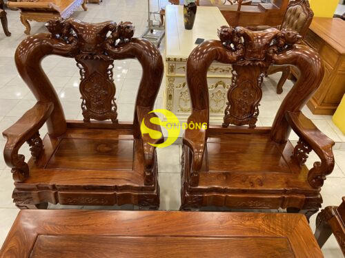 Bộ bàn ghế gỗ hương chạm đào vân tuyển tựa liền 6 món tay 16 BBG366 - Ảnh 4