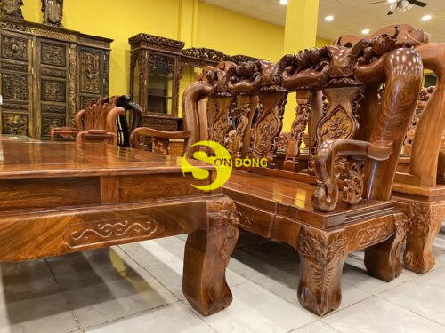 Bộ bàn ghế gỗ hương chạm đào vân tuyển tựa liền 6 món tay 16 BBG366 - Ảnh 3