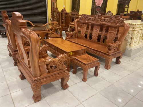 Bộ bàn ghế hương đá nghê đỉnh tay lân mặt liền 6 món tay 12 BBG380 - Hình ảnh 7