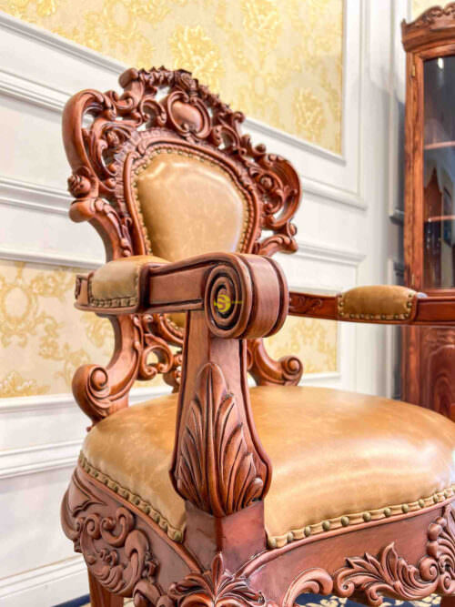 Ghế Làm Việc Tựa Hoa Tây Gõ Đỏ Cổ Điển Bọc Da Bò Ý GGD090 - Hình ảnh 2