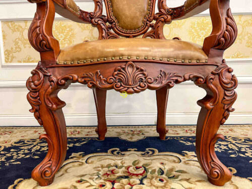 Ghế Làm Việc Tựa Hoa Tây Gõ Đỏ Cổ Điển Bọc Da Bò Ý GGD090 - Hình ảnh 7