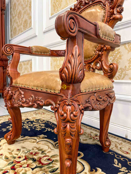 Ghế Làm Việc Tựa Hoa Tây Gõ Đỏ Cổ Điển Bọc Da Bò Ý GGD090 - Hình ảnh 5