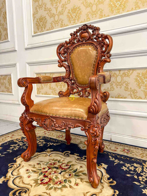 Ghế Làm Việc Tựa Hoa Tây Gõ Đỏ Cổ Điển Bọc Da Bò Ý GGD090 - Hình ảnh 4