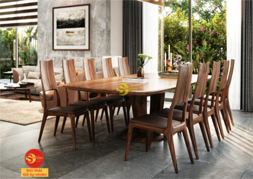 Bàn ăn Gỗ óc chó 10 ghế sang trọng kiểu dáng hiện đại, – BBAOC009