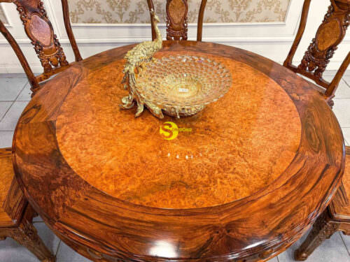 Bộ bàn ăn tròn gỗ cẩm lai cẩn nu BBA4368T