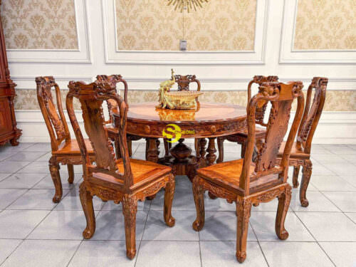 Bộ bàn ăn tròn gỗ cẩm lai cẩn nu BBA4368T