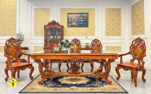 Bộ bàn ăn gỗ gõ đỏ cổ điển mặt kính cao cấp