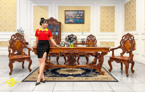 Bộ bàn ăn gỗ gõ đỏ cổ điển mặt kính cao cấp