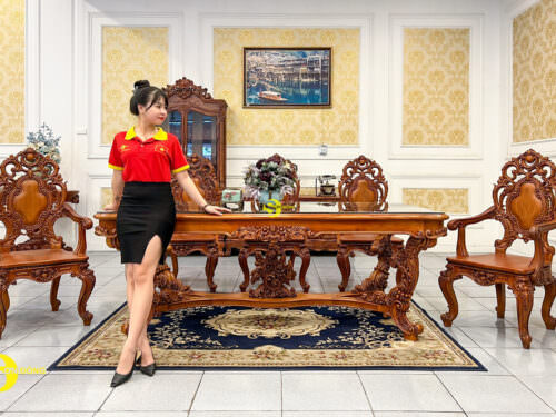 Bộ bàn ăn gỗ gõ đỏ cổ điển mặt kính cao cấp