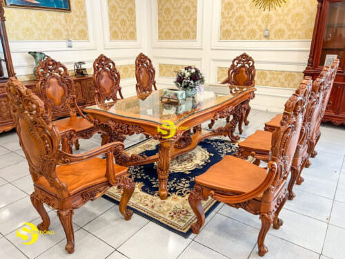 Bộ bàn ăn gỗ gõ đỏ cổ điển mặt kính cao cấp