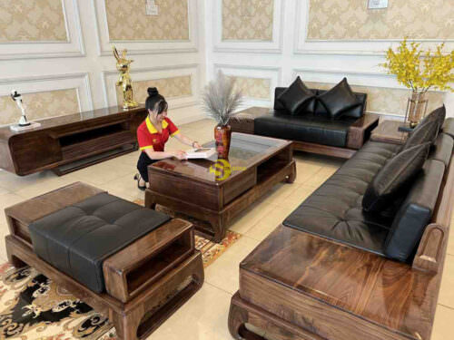 Bộ sofa góc sang trọng gỗ óc chó bọc da bò ý 5 món BBG712