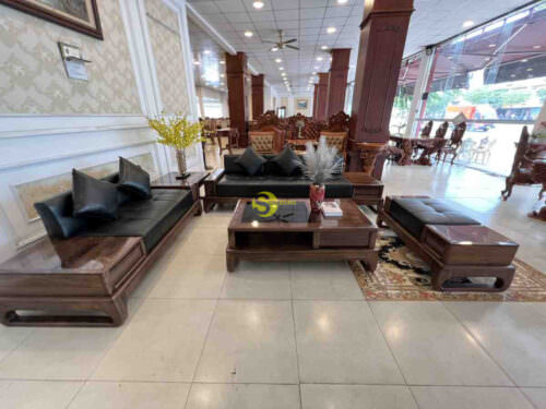 Bộ sofa góc sang trọng gỗ óc chó bọc da bò ý 5 món BBG712