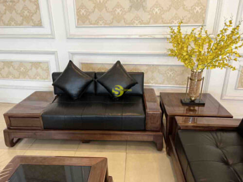 Bộ sofa góc sang trọng gỗ óc chó bọc da bò ý 5 món BBG712