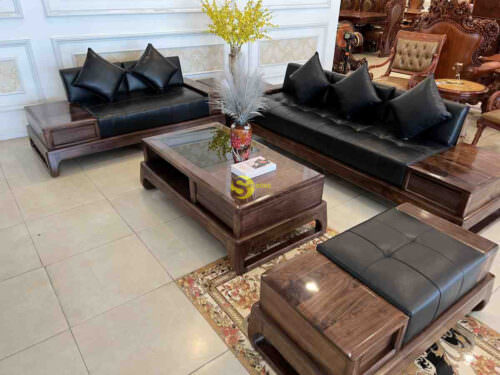 Bộ sofa góc sang trọng gỗ óc chó bọc da bò ý 5 món BBG712