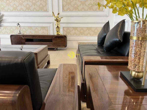 Bộ sofa góc sang trọng gỗ óc chó bọc da bò ý 5 món BBG712