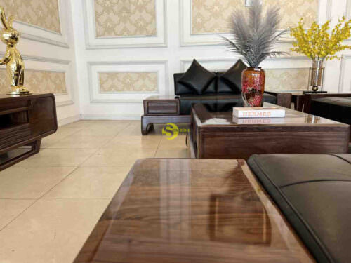 Bộ sofa góc sang trọng gỗ óc chó bọc da bò ý 5 món BBG712