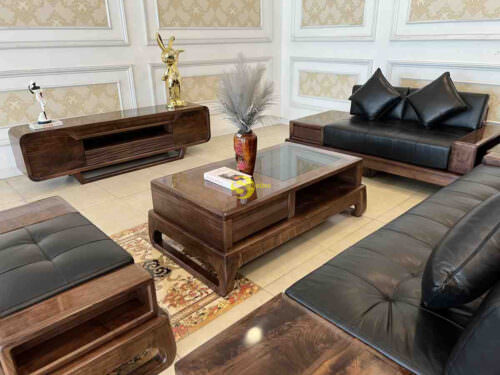 Bộ sofa góc sang trọng gỗ óc chó bọc da bò ý 5 món BBG712
