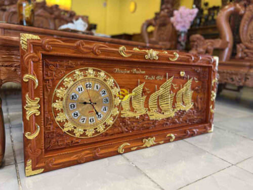 Tranh đồng hồ thuận buồm xuôi gió gỗ hương dát vàng T1846