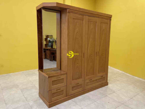 Tủ Quần Áo Gõ Đỏ 3 Cánh Kệ 3 Tầng xoay TQA115