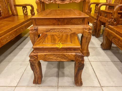 Bộ bàn ghế chạm đào gỗ hương vân tuyển cột 14, 6 món BBG302