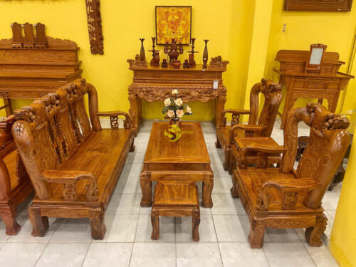 Bộ bàn ghế chạm đào gỗ hương vân tuyển cột 14, 6 món BBG302