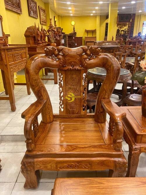 Bộ bàn ghế chạm đào gỗ hương vân tuyển cột 14, 6 món BBG302