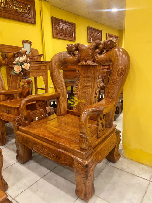 Bộ bàn ghế chạm đào gỗ hương vân tuyển cột 14, 6 món BBG302