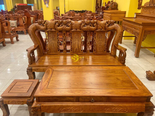 Bộ bàn ghế chạm đào gỗ hương vân tuyển cột 14, 6 món BBG302