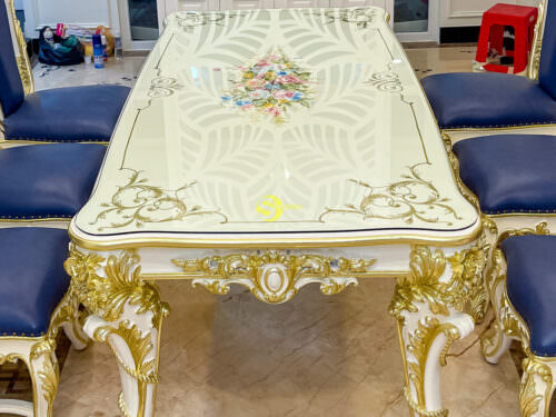 Bàn ăn cổ điển 6 ghế sơn trắng dát vàng gỗ beech - BBA099