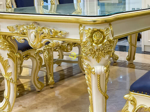 Bàn ăn cổ điển 6 ghế sơn trắng dát vàng gỗ beech - BBA099