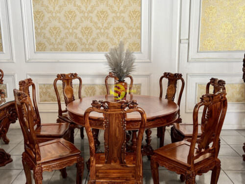 Bộ bàn ăn cẩm lai xịn ghế tựa nu chạm đào bàn tròn - BBA4288T
