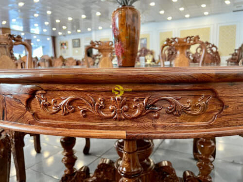 Bộ bàn ăn cẩm lai xịn ghế tựa nu chạm đào bàn tròn - BBA4288T