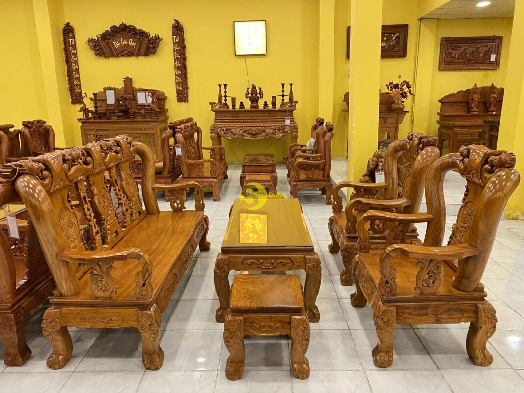 Bộ bàn ghế gỗ chạm đào tứ quý gõ đỏ lào mặt liền tấm cột 12, 6 món - BBG239