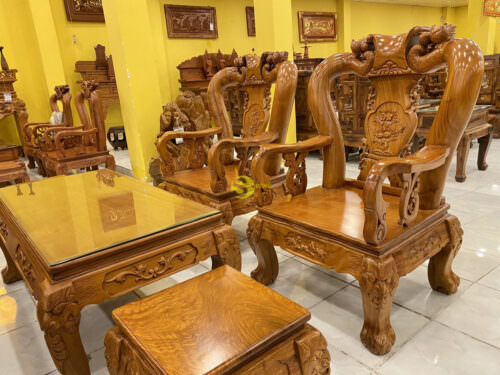 Bộ bàn ghế gỗ chạm đào tứ quý gõ đỏ lào mặt liền tấm cột 12, 6 món - BBG239