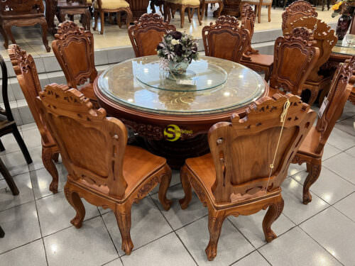 Bộ bàn ăn cô điển bàn tròn phối ghế chạm hoa hồng gỗ gõ đỏ