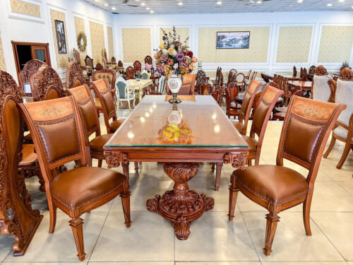 Bộ bàn ăn cổ điển hoàng gia gõ đỏ ghế trơn bọc da
