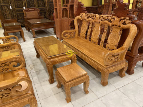 Bộ bàn ghế gỗ gõ đỏ chạm đào tay 10 6 món - BBG623