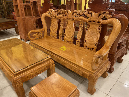 Bộ bàn ghế gỗ gõ đỏ chạm đào tay 10 6 món - BBG623
