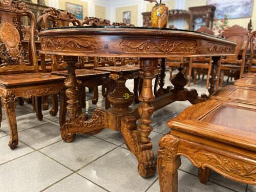 Bộ bàn ăn cẩm lai xịn ghế tựa nu chạm đào bàn Ovan BBA4288B - Hình ảnh 5