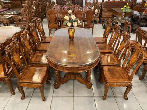 Bộ bàn ăn cẩm lai xịn ghế tựa nu chạm đào bàn Ovan BBA4288B - Hình ảnh 7