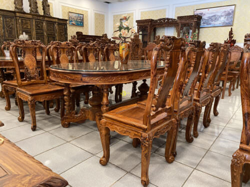 Bộ bàn ăn cẩm lai xịn ghế tựa nu chạm đào bàn Ovan BBA4288B - Hình ảnh 6